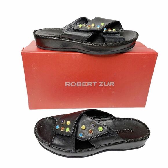 NEW Robert Zur Criss Cross Platform Slides 5.5 Sandals Black Leather Soft $285 - Picture 1 of 8